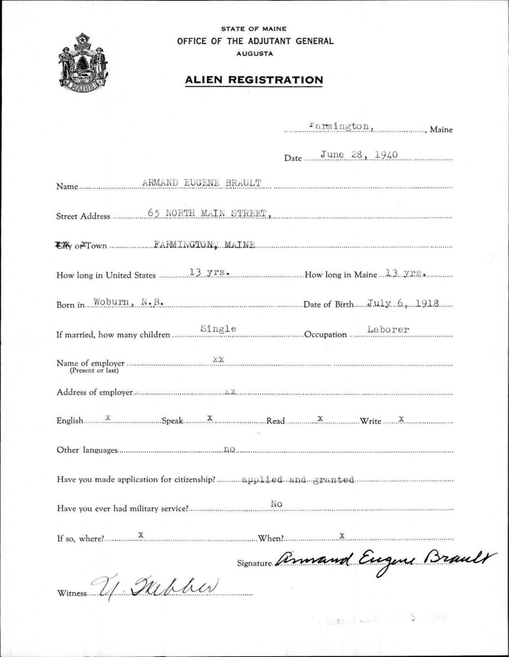 Miniature of Alien Registration- Brault, Armand E. (Farmington, Franklin County)