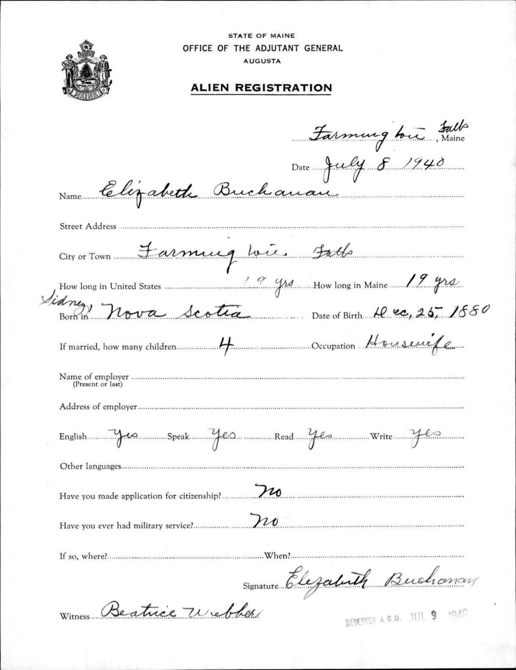 Miniature of Alien Registration- Buchanan, Elizabeth (Farmington, Franklin County)