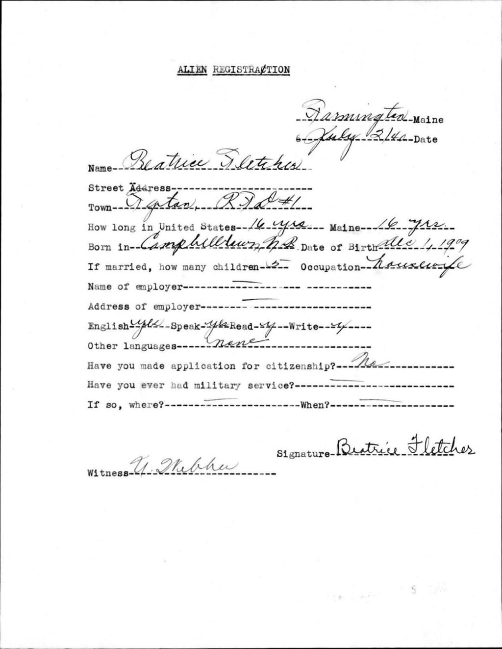 Miniature of Alien Registration- Fletcher, Beatrice (Farmington, Franklin County)