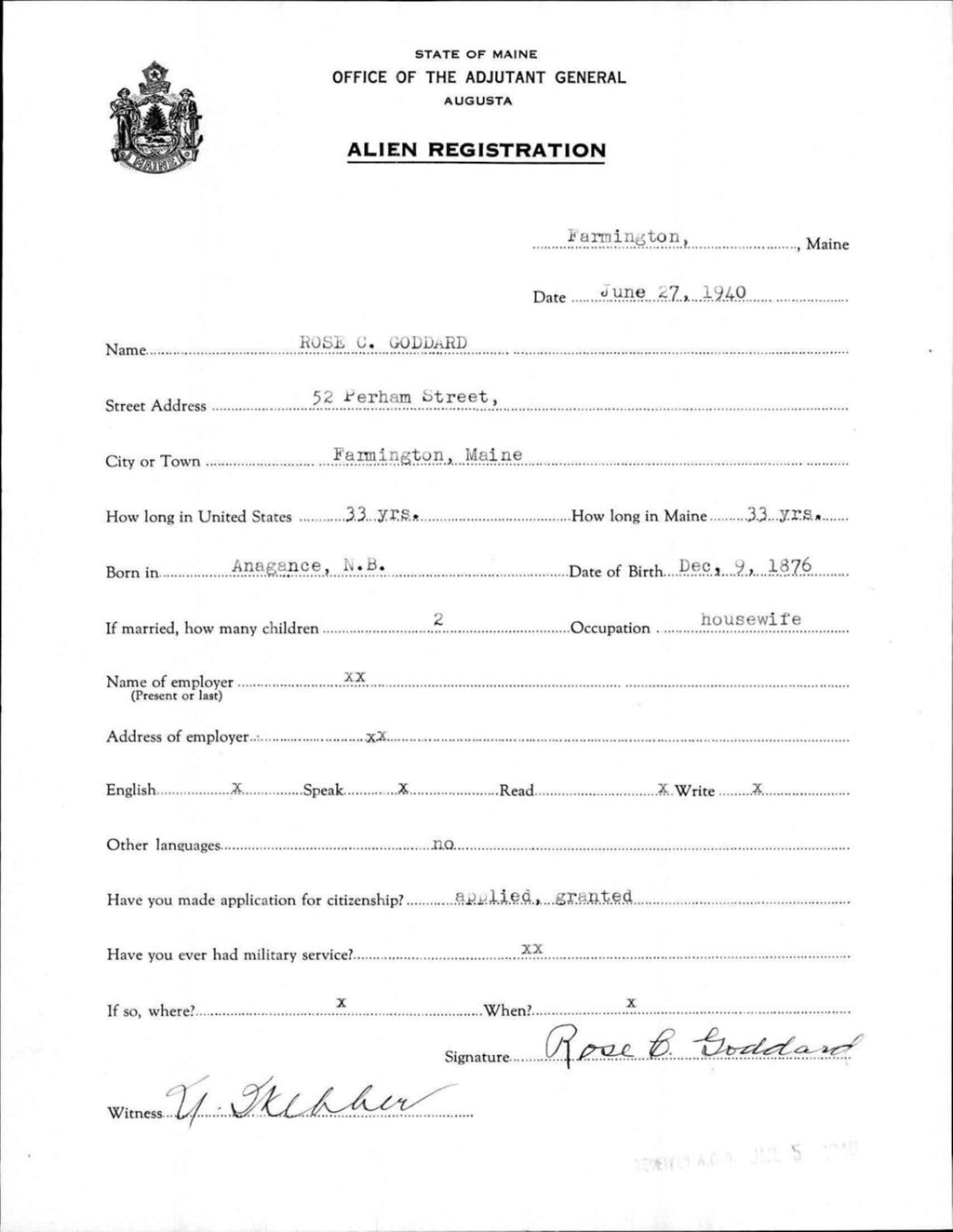 Miniature of Alien Registration- Goddard, Rose C. (Farmington, Franklin County)