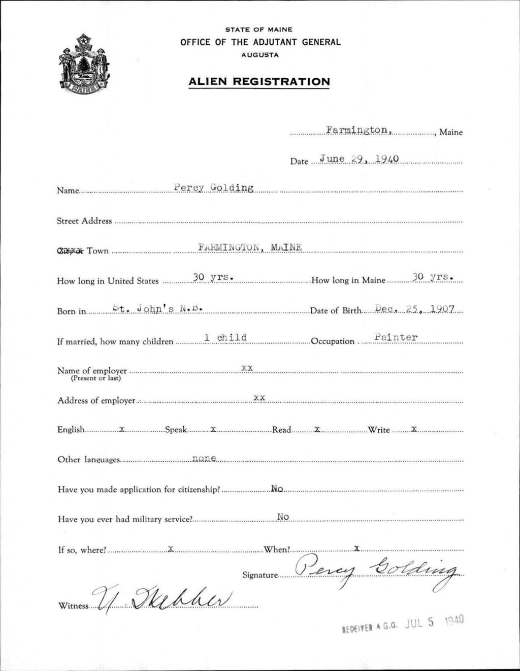 Miniature of Alien Registration- Golding, Percy (Farmington, Franklin County)