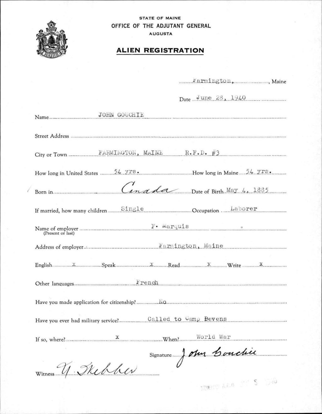 Miniature of Alien Registration- Gouchie, John (Farmington, Franklin County)