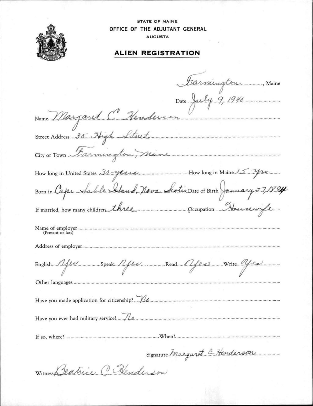Miniature of Alien Registration- Henderson, Margaret E. (Farmington, Franklin County)