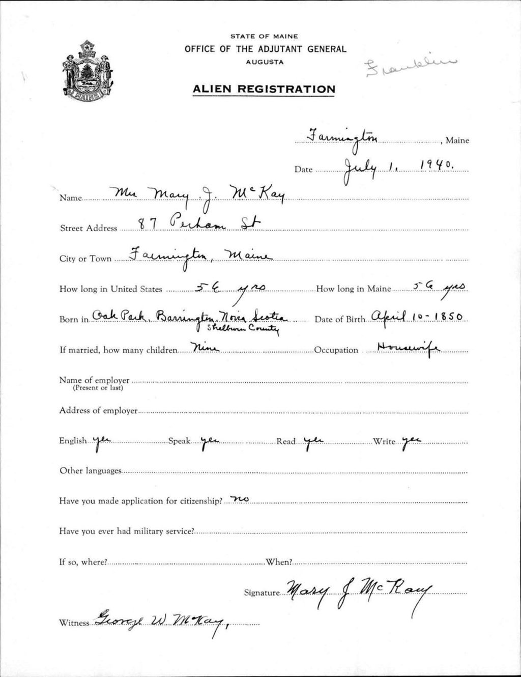 Miniature of Alien Registration- Mckay, Mary J. (Farmington, Franklin County)
