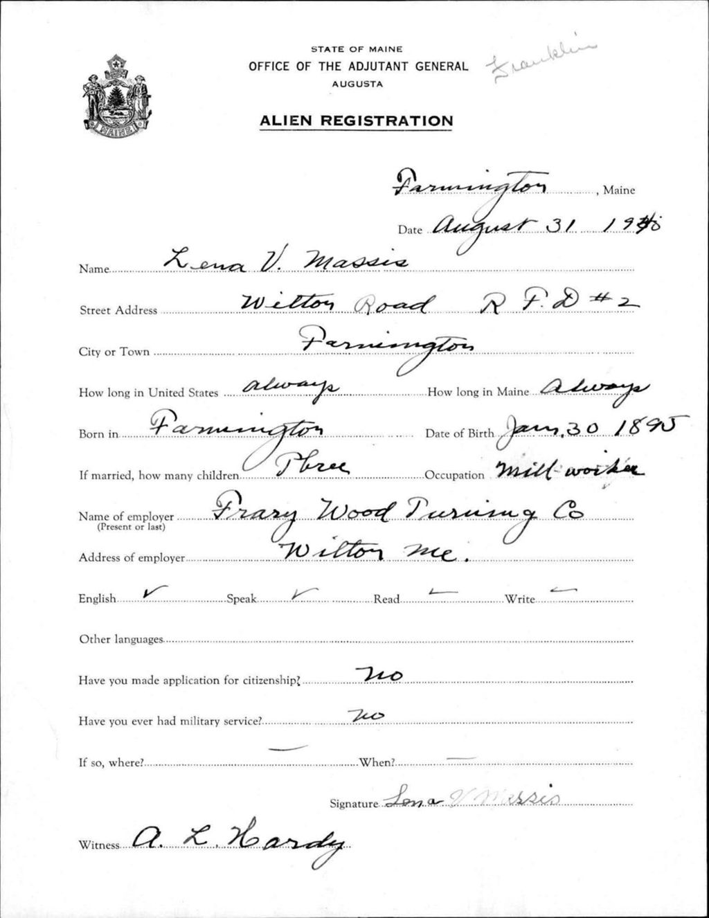 Miniature of Alien Registration- Massis, Lena V. (Farmington, Franklin County)