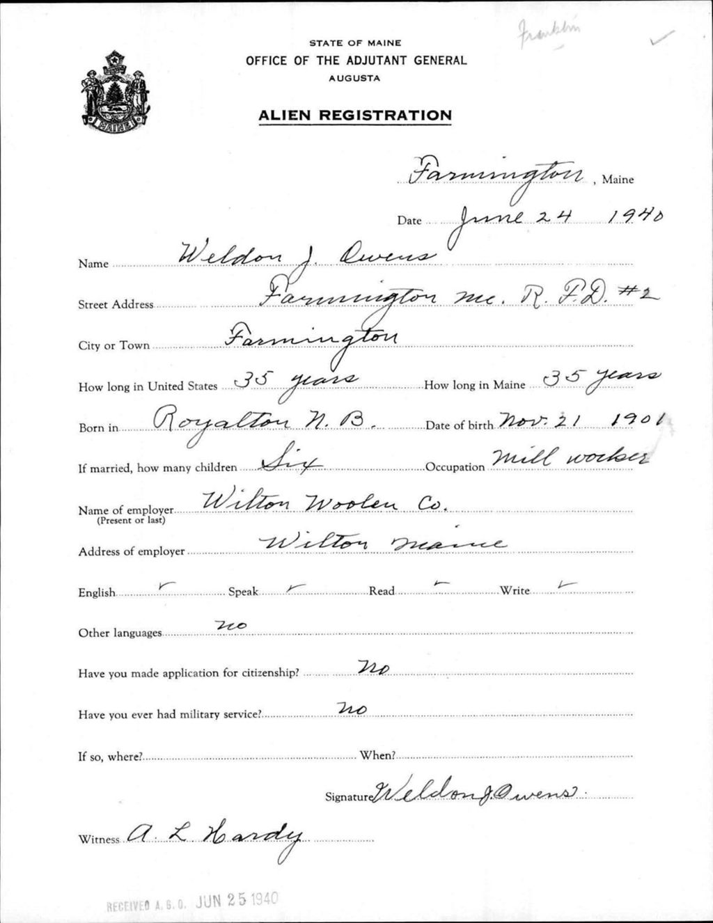 Miniature of Alien Registration- Owens, Weldon J. (Farmington, Franklin County)