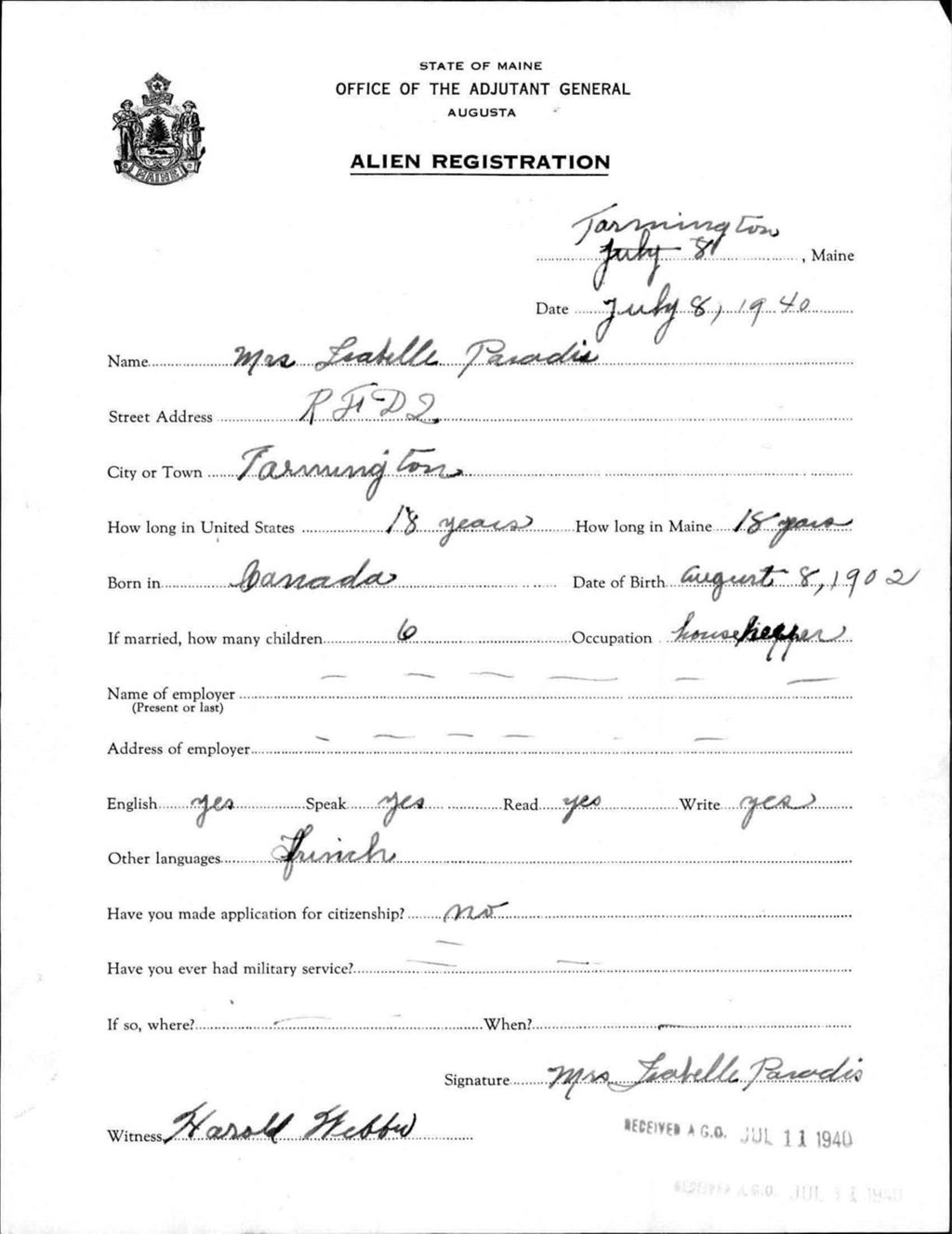 Miniature of Alien Registration- Paradis, Labelle (Farmington, Franklin County)