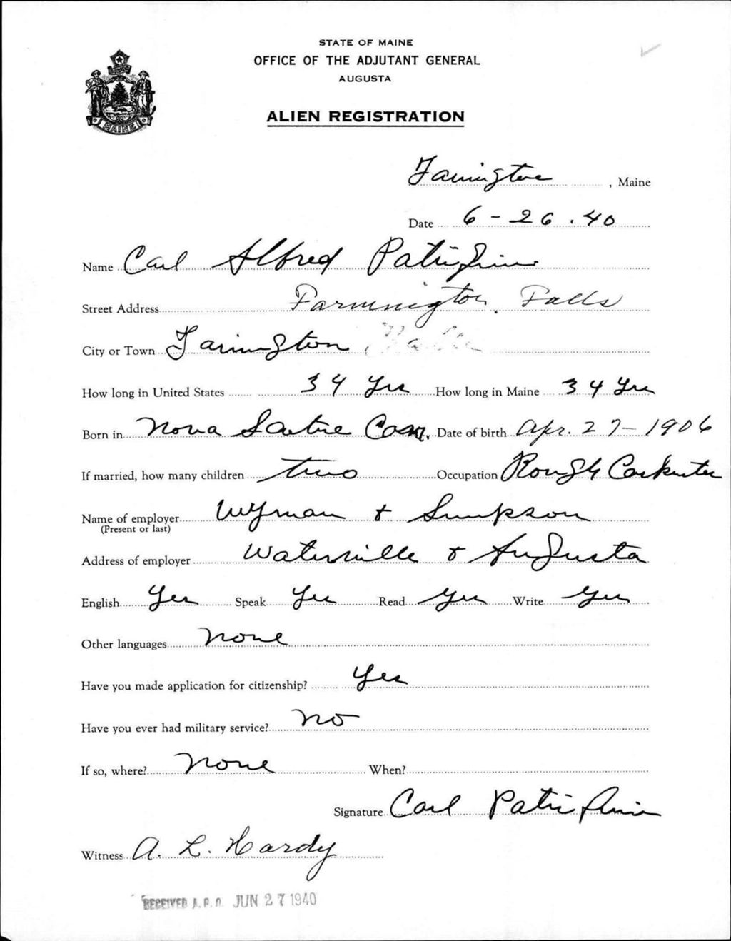 Miniature of Alien Registration- Patriquin, Carl A. (Farmington, Franklin County)