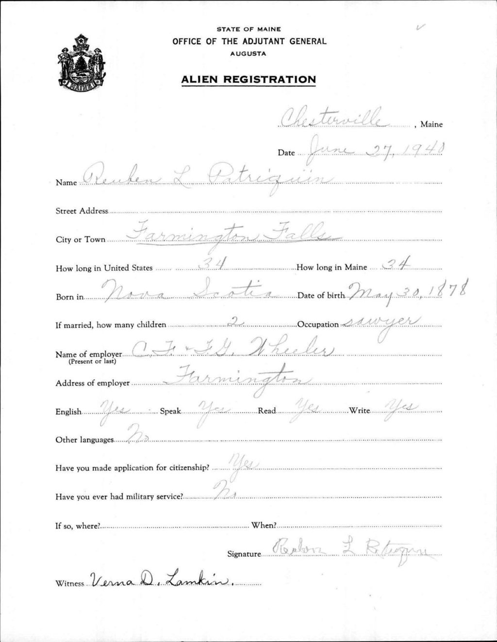 Miniature of Alien Registration- Patriquin, Reuben L. (Farmington, Franklin County)