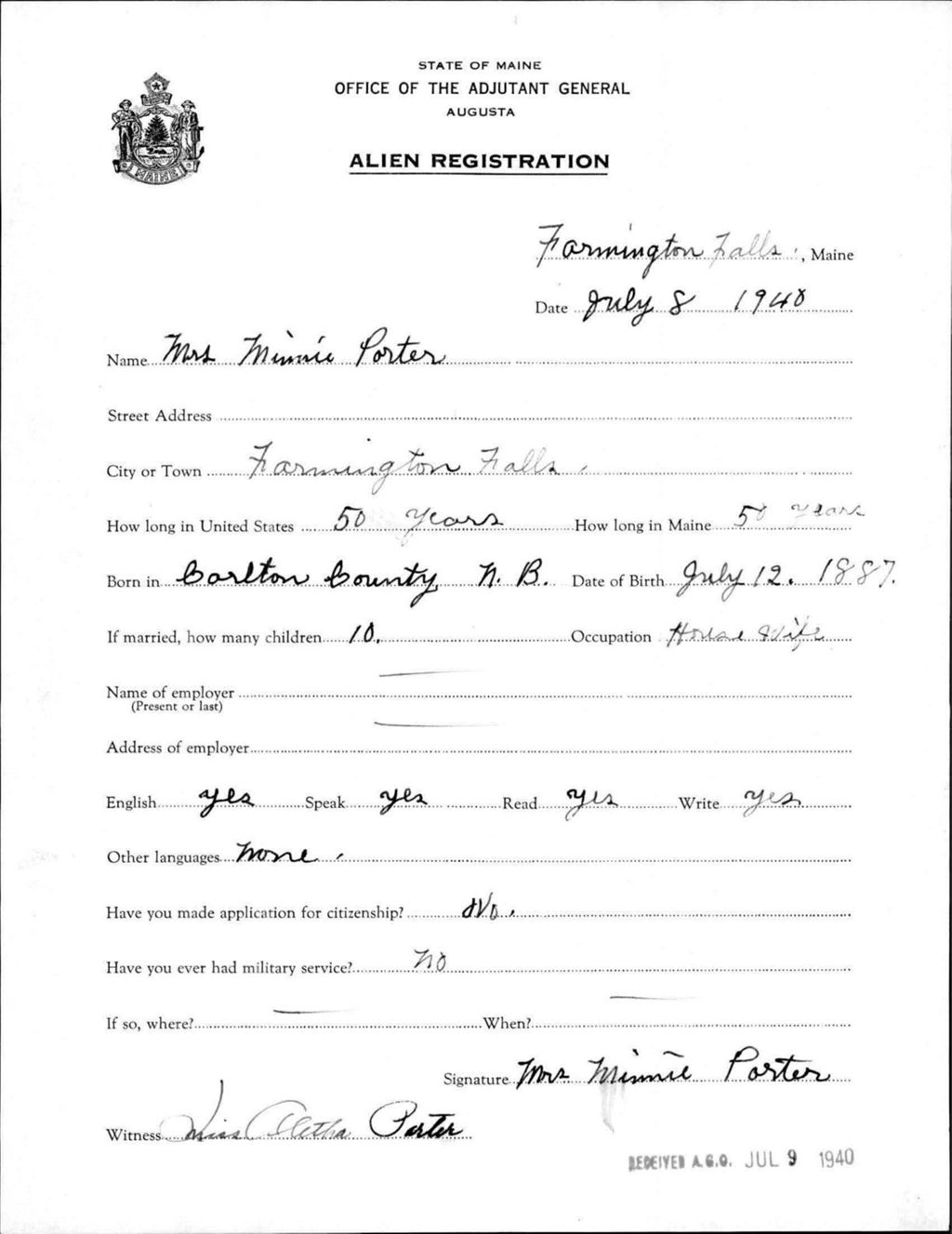 Miniature of Alien Registration- Porter, Minnie (Farmington, Franklin County)