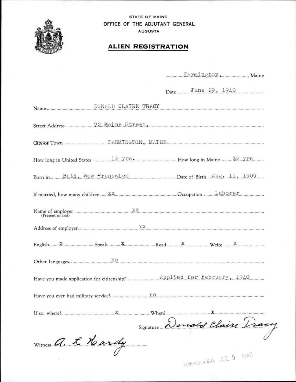 Miniature of Alien Registration- Tracy, Donald C. (Farmington, Franklin County)