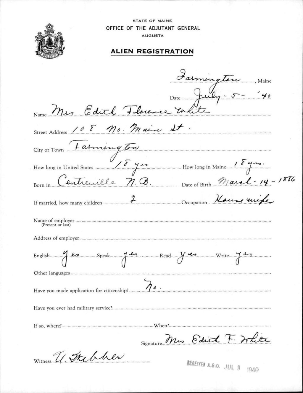 Miniature of Alien Registration- White, Edith F. (Farmington, Franklin County)