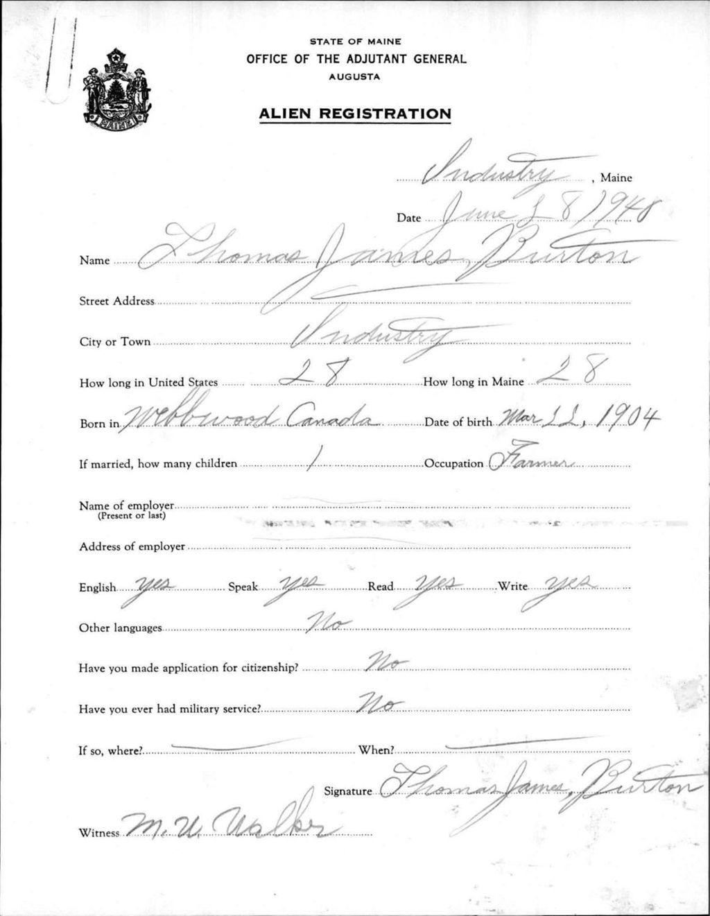 Miniature of Alien Registration- Burton, Thomas J. (Industry, Franklin County)