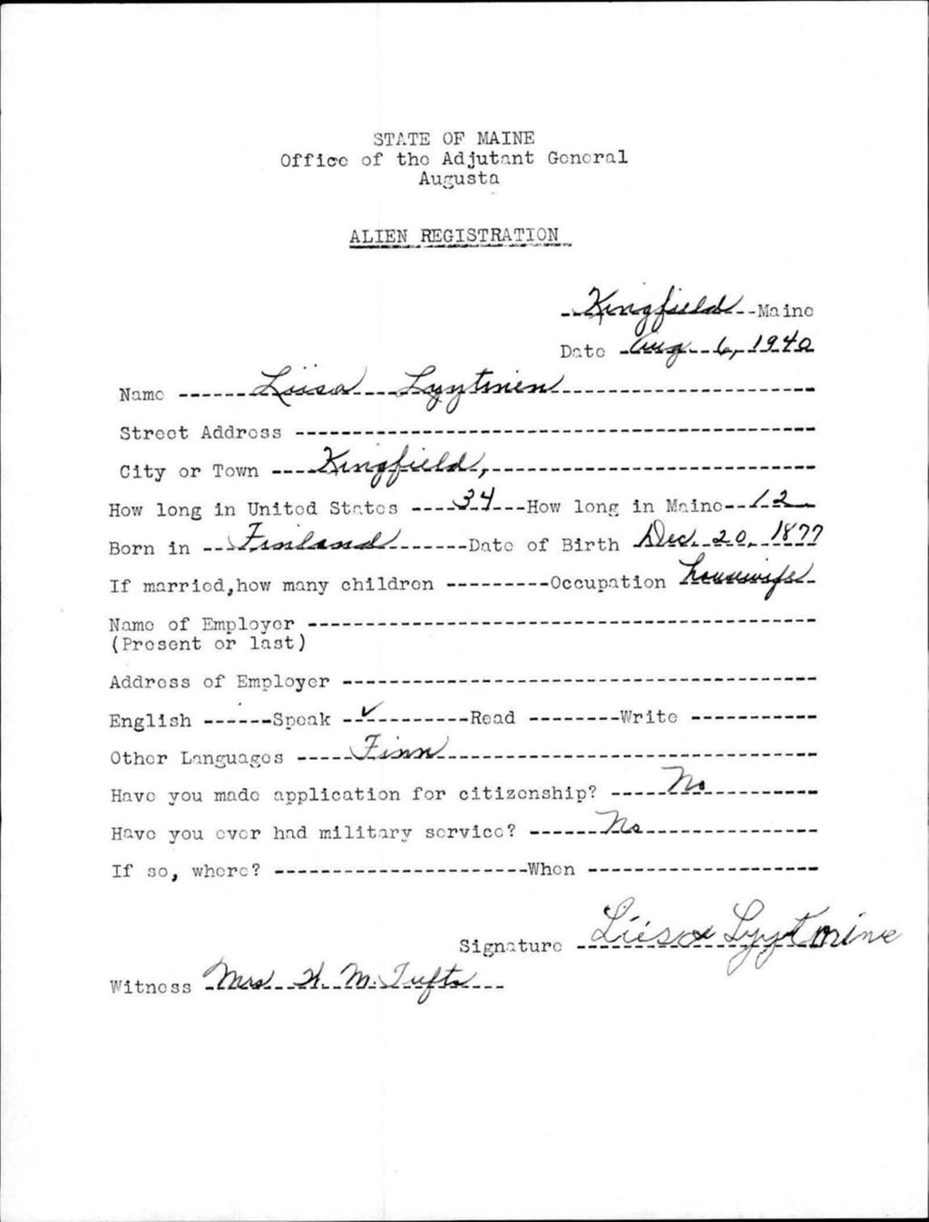Miniature of Alien Registration- Lyytinen, Liisa (Kingfield, Franklin County)