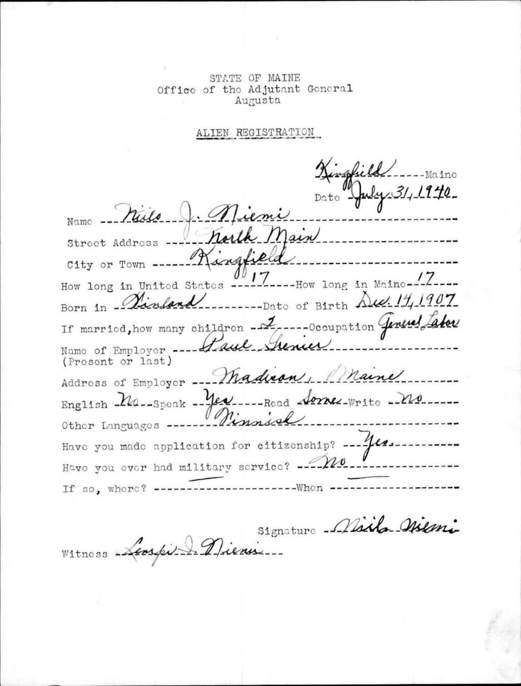 Miniature of Alien Registration- Niemi, Niilo J. (Kingfield, Franklin County)