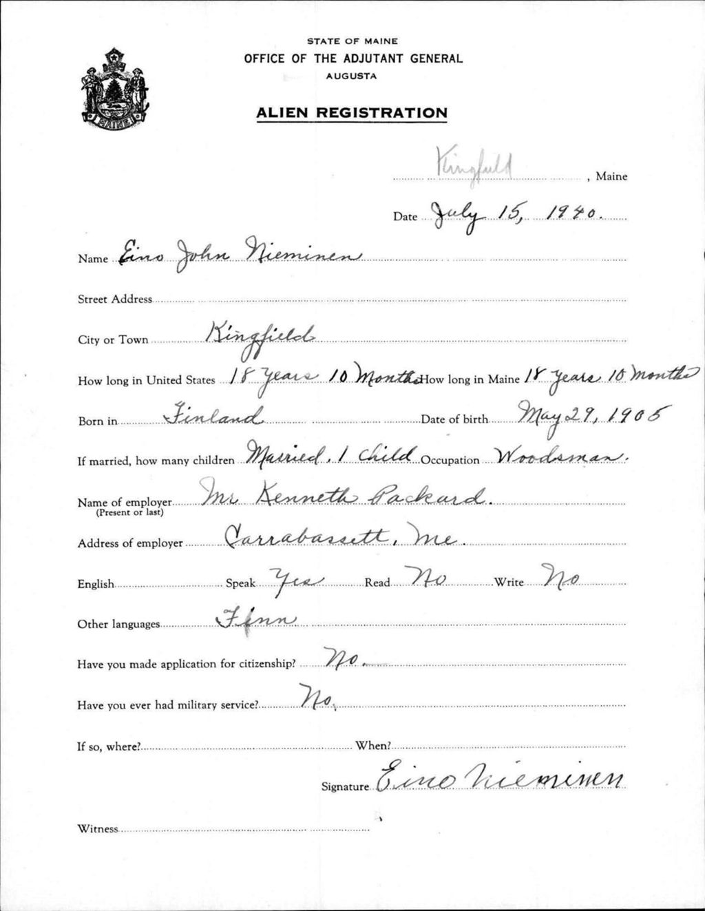 Miniature of Alien Registration- Nieminen, Eino J. (Kingfield, Franklin County)