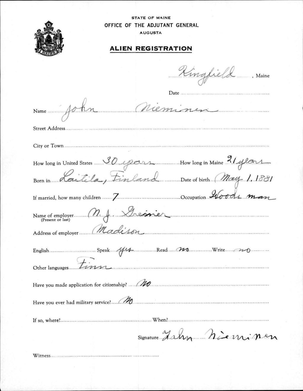 Miniature of Alien Registration- Nieminen, John (Kingfield, Franklin County)