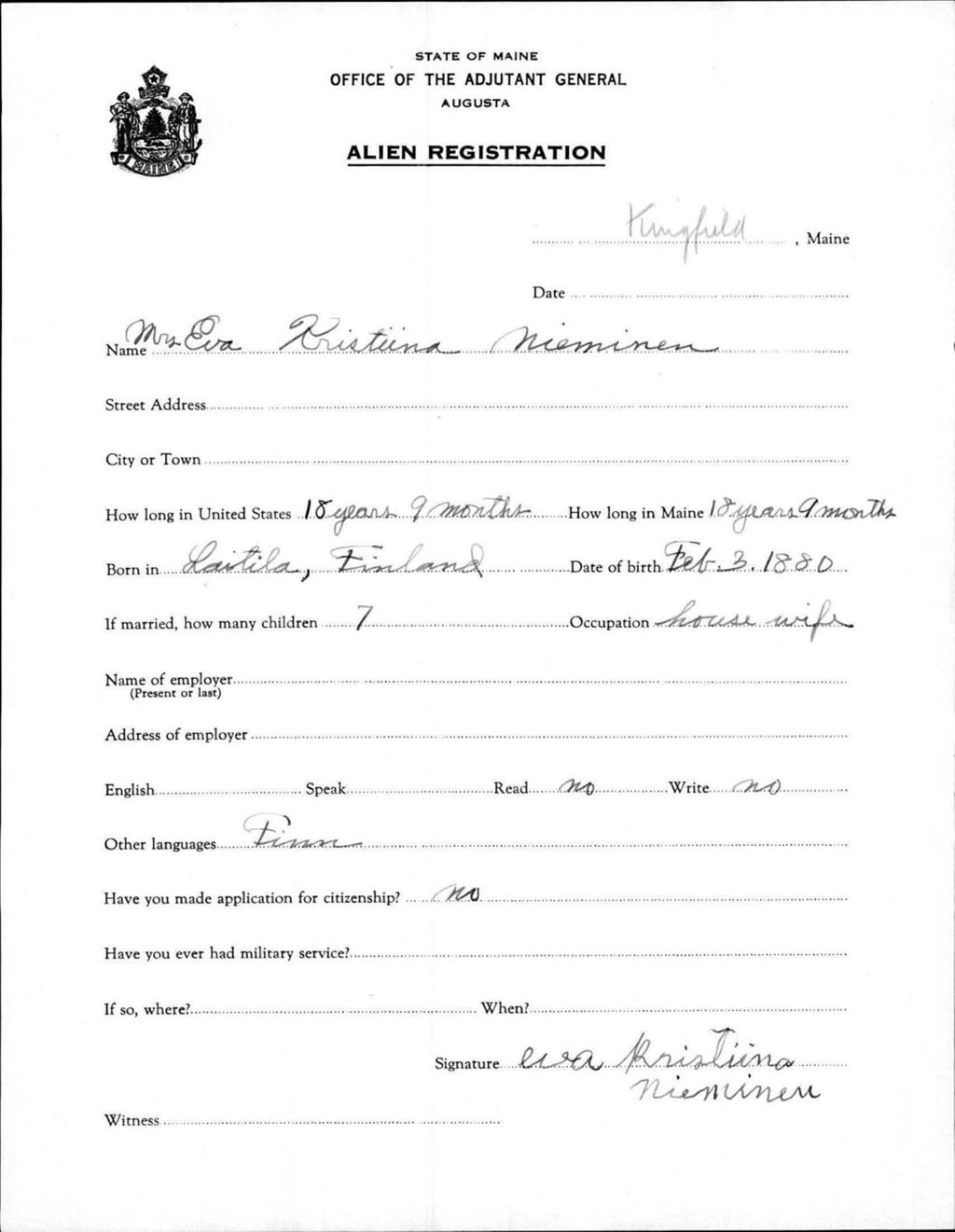 Miniature of Alien Registration- Nieminen, Eva K. (Kingfield, Franklin County)