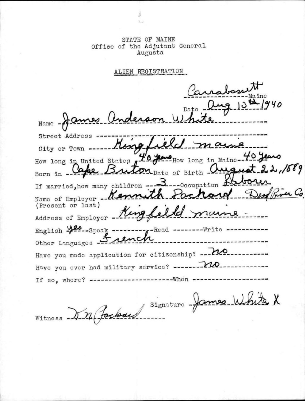 Miniature of Alien Registration- White, James A. (Kingfield, Franklin County)
