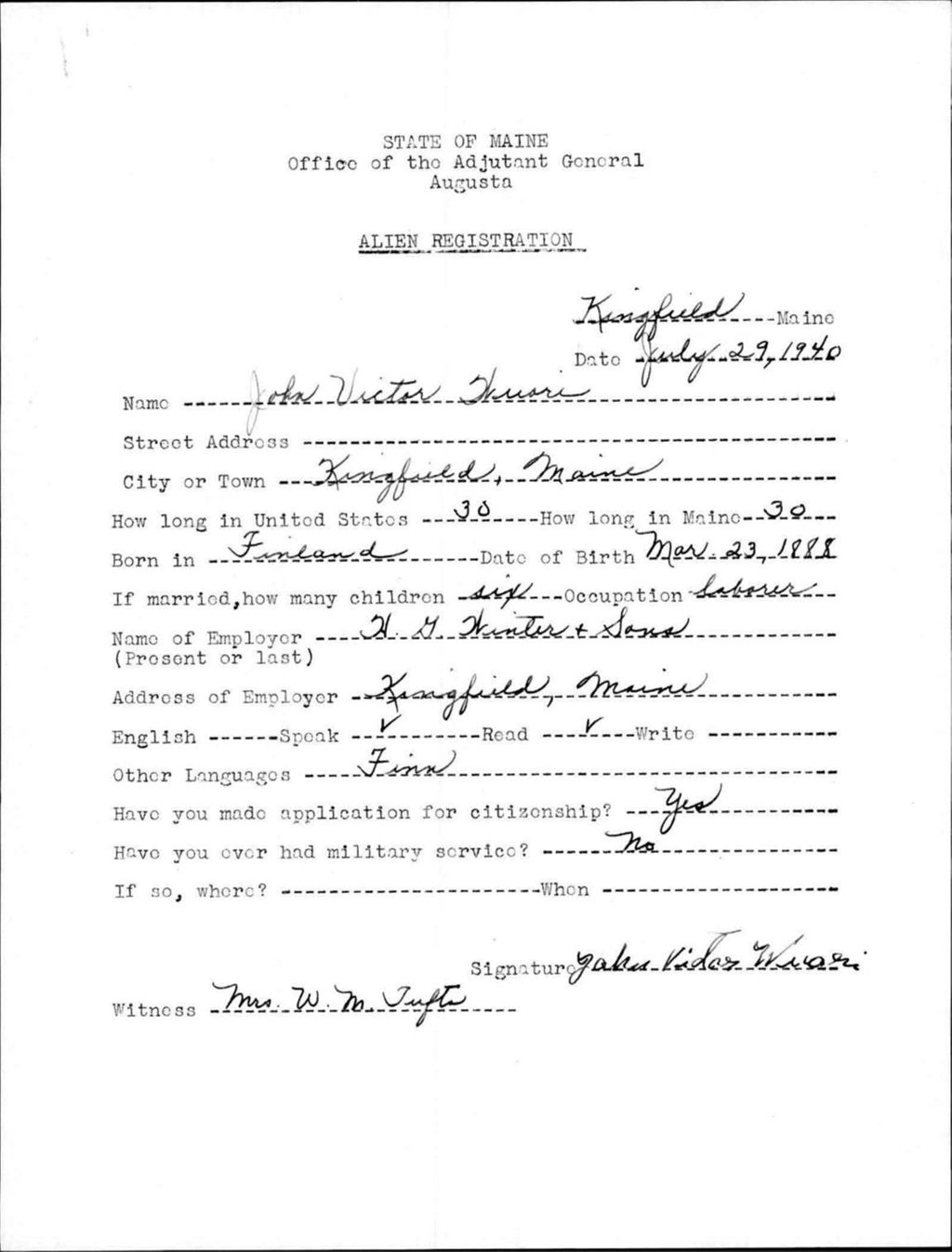 Miniature of Alien Registration- Wuori, John V. (Kingfield, Franklin County)