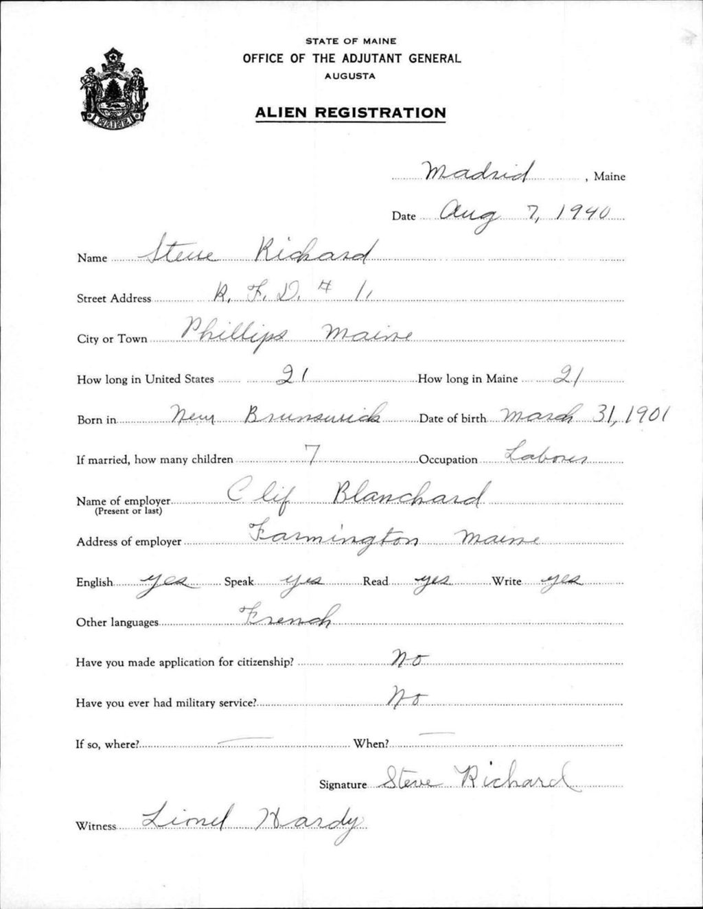 Miniature of Alien Registration- Richard, Steve (Madrid, Franklin County)