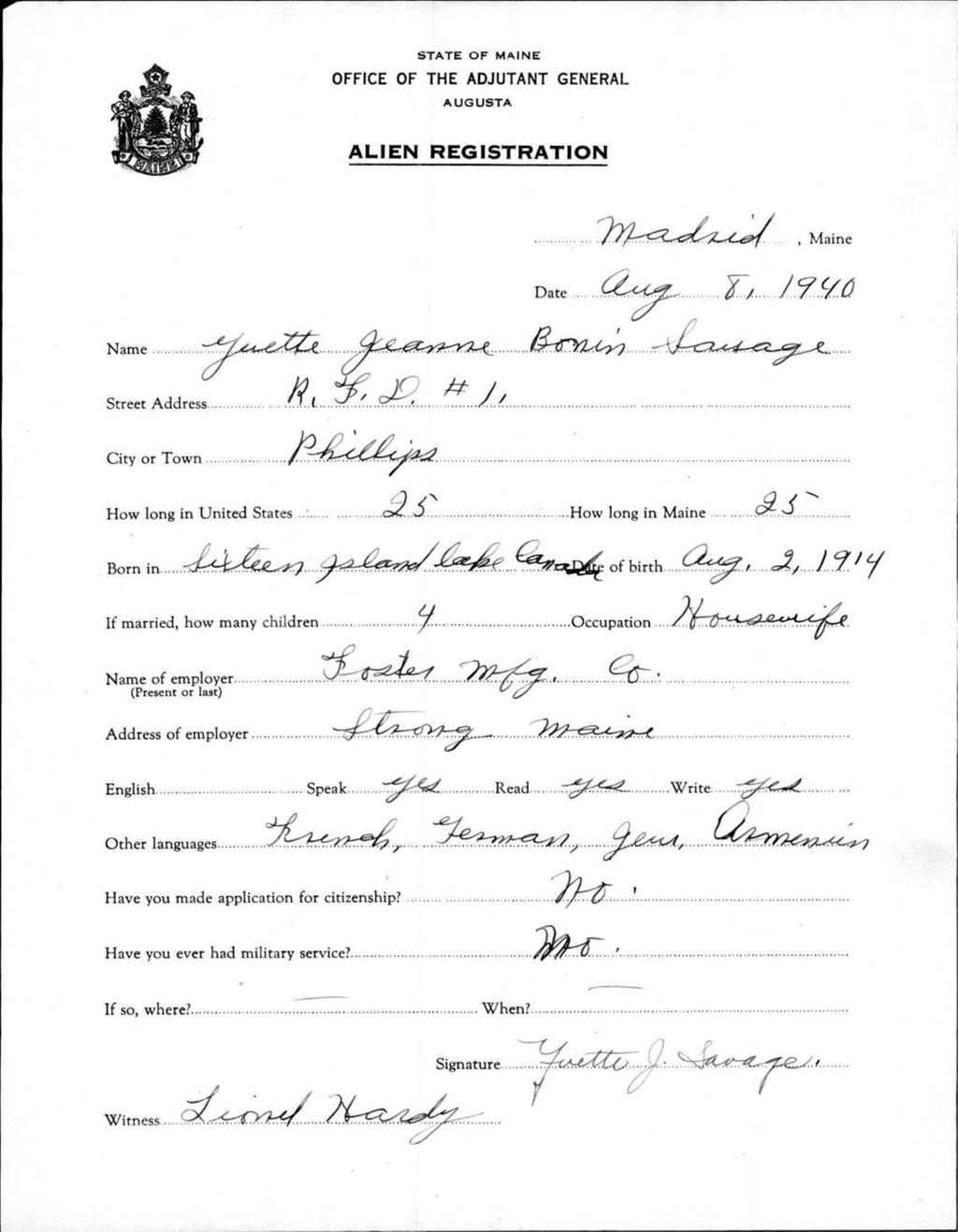 Miniature of Alien Registration- Bonin, Yvette J. (Madrid, Franklin County)