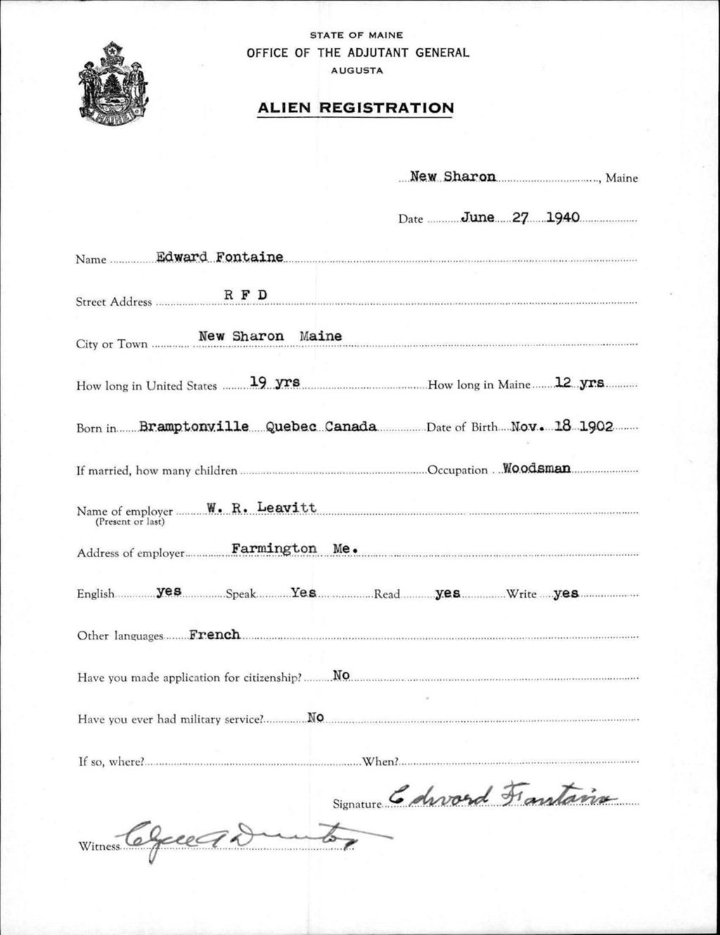 Miniature of Alien Registration- Fontaine, Edward (New Sharon, Franklin County)