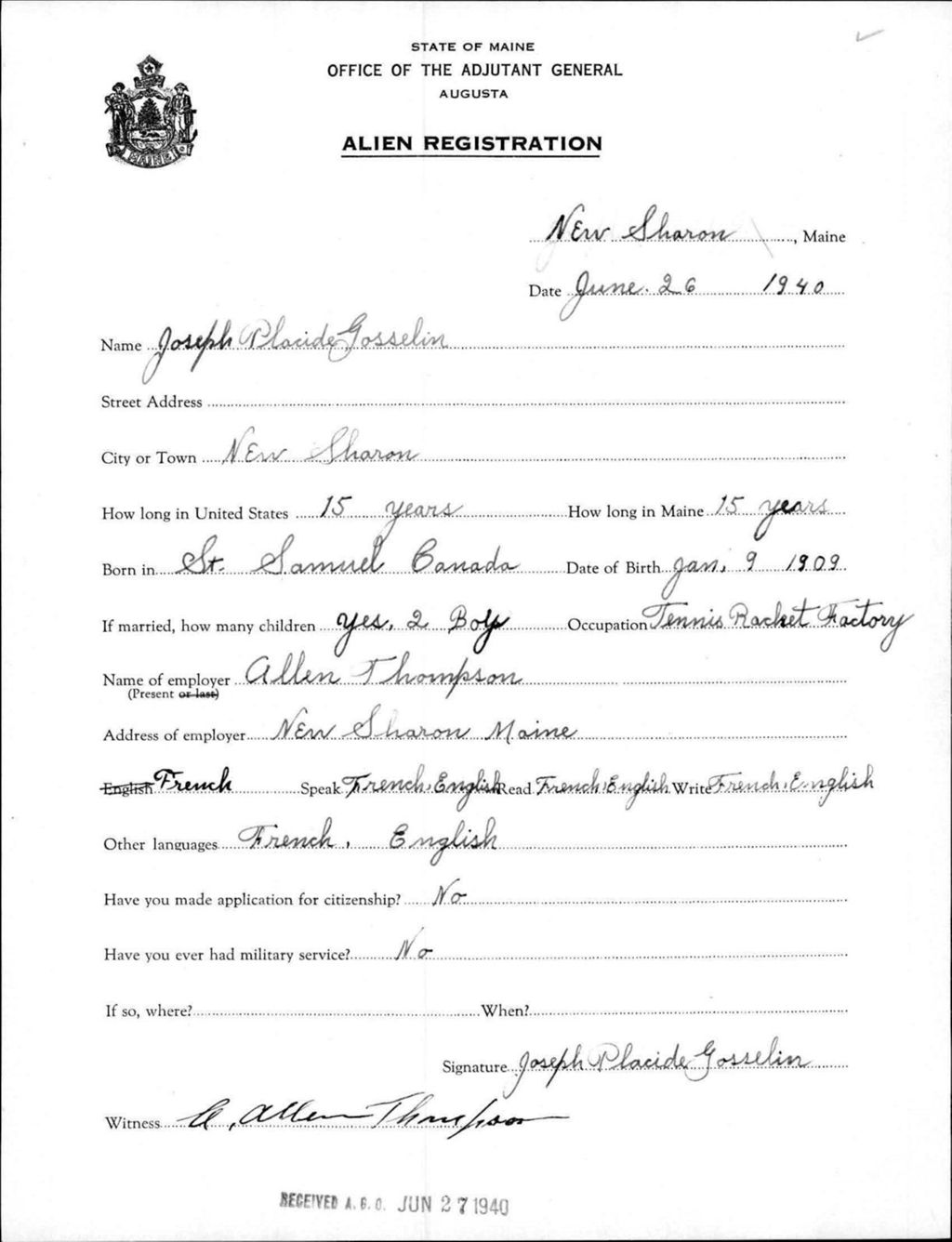 Miniature of Alien Registration- Gosselin, Joseph P. (New Sharon, Franklin County)