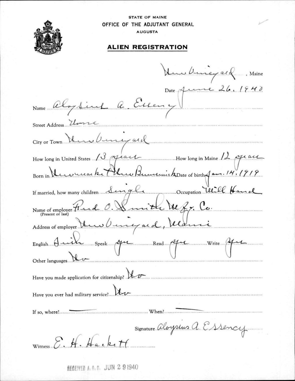 Miniature of Alien Registration- Essency, Aloysius A. (New Vineyard, Franklin County)