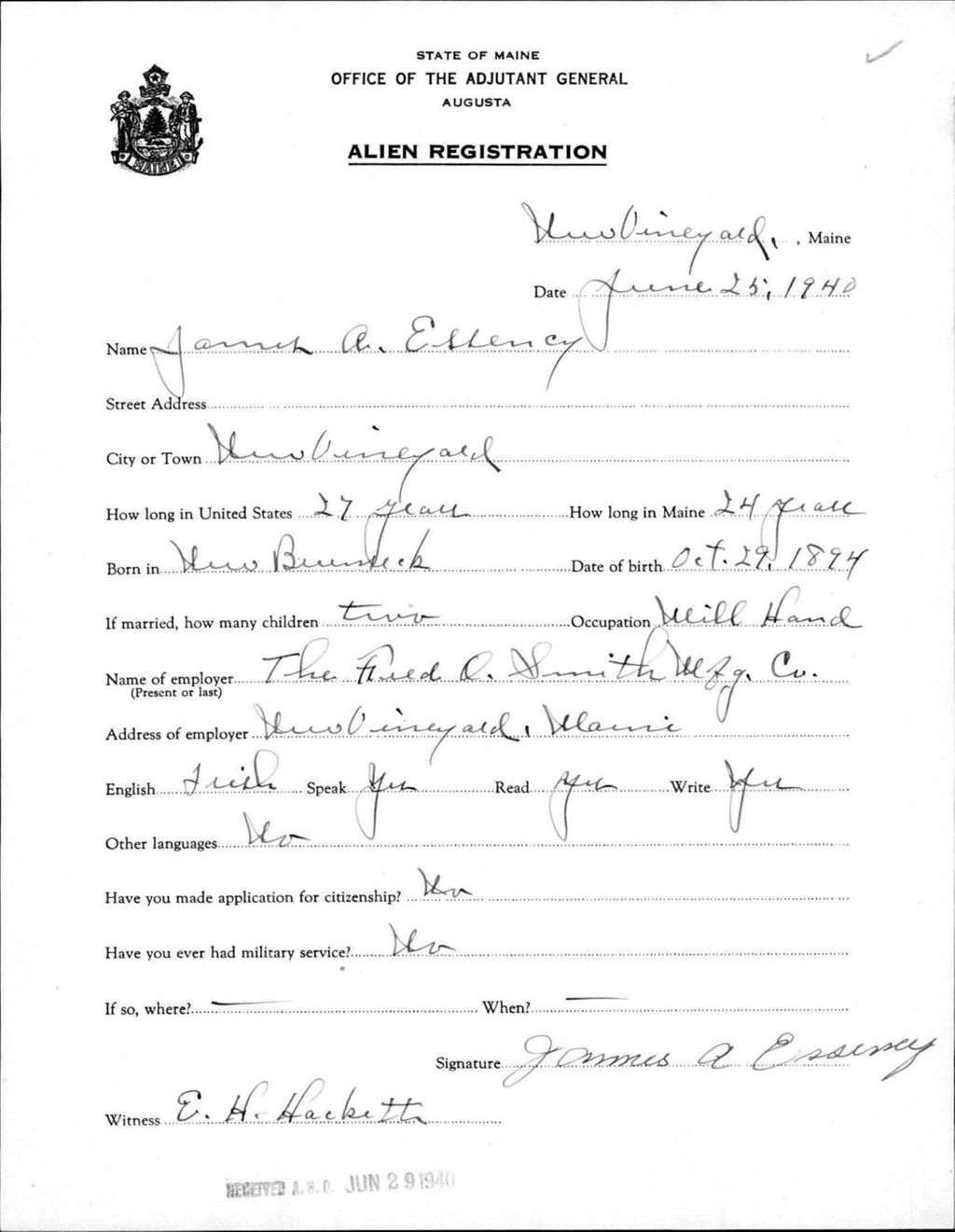Miniature of Alien Registration- Essency, James A. (New Vineyard, Franklin County)