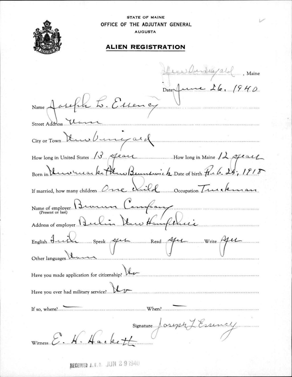 Miniature of Alien Registration- Essency, Joseph L. (New Vineyard, Franklin County)