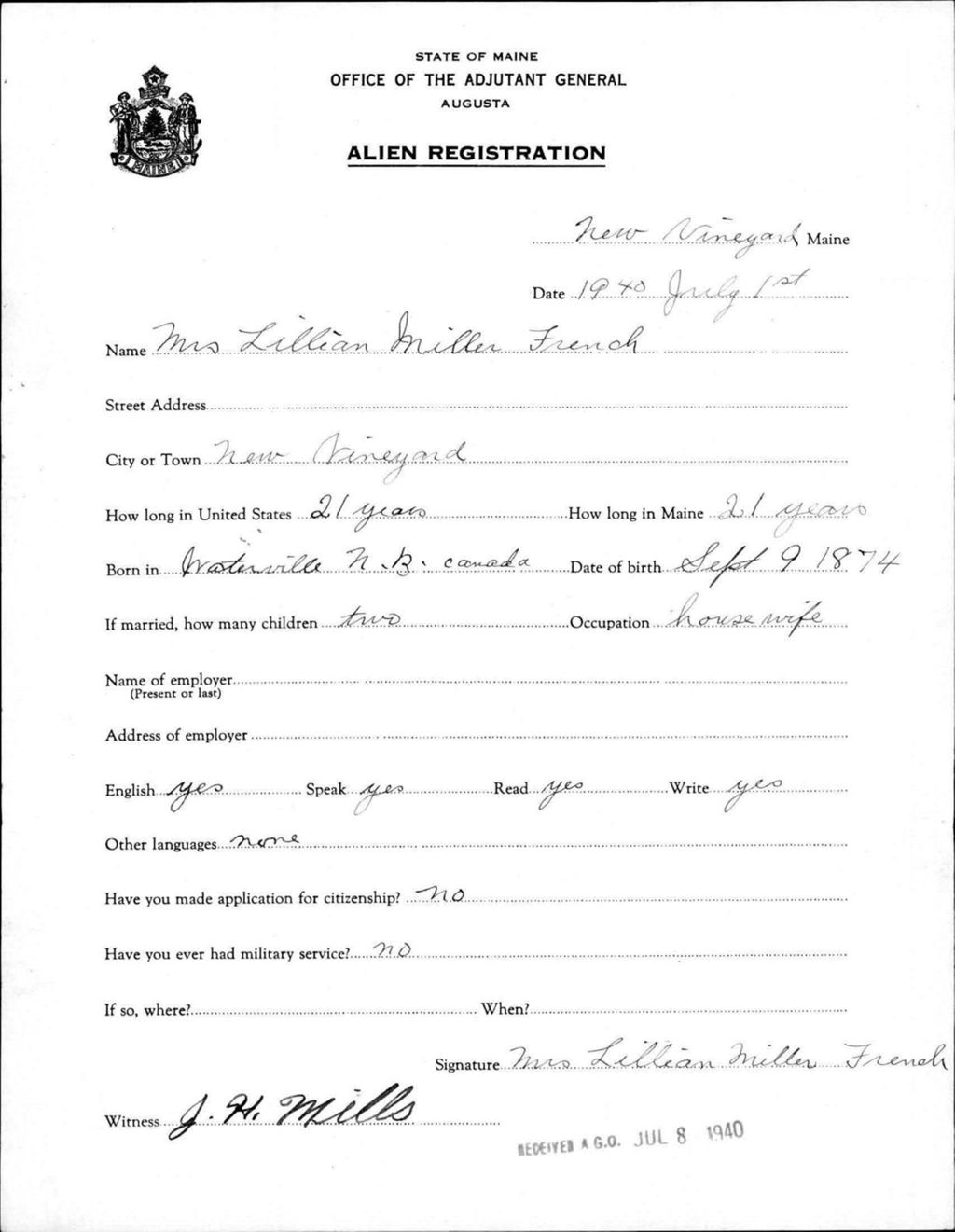 Miniature of Alien Registration- Miller, Lillian (New Vineyard, Franklin County)