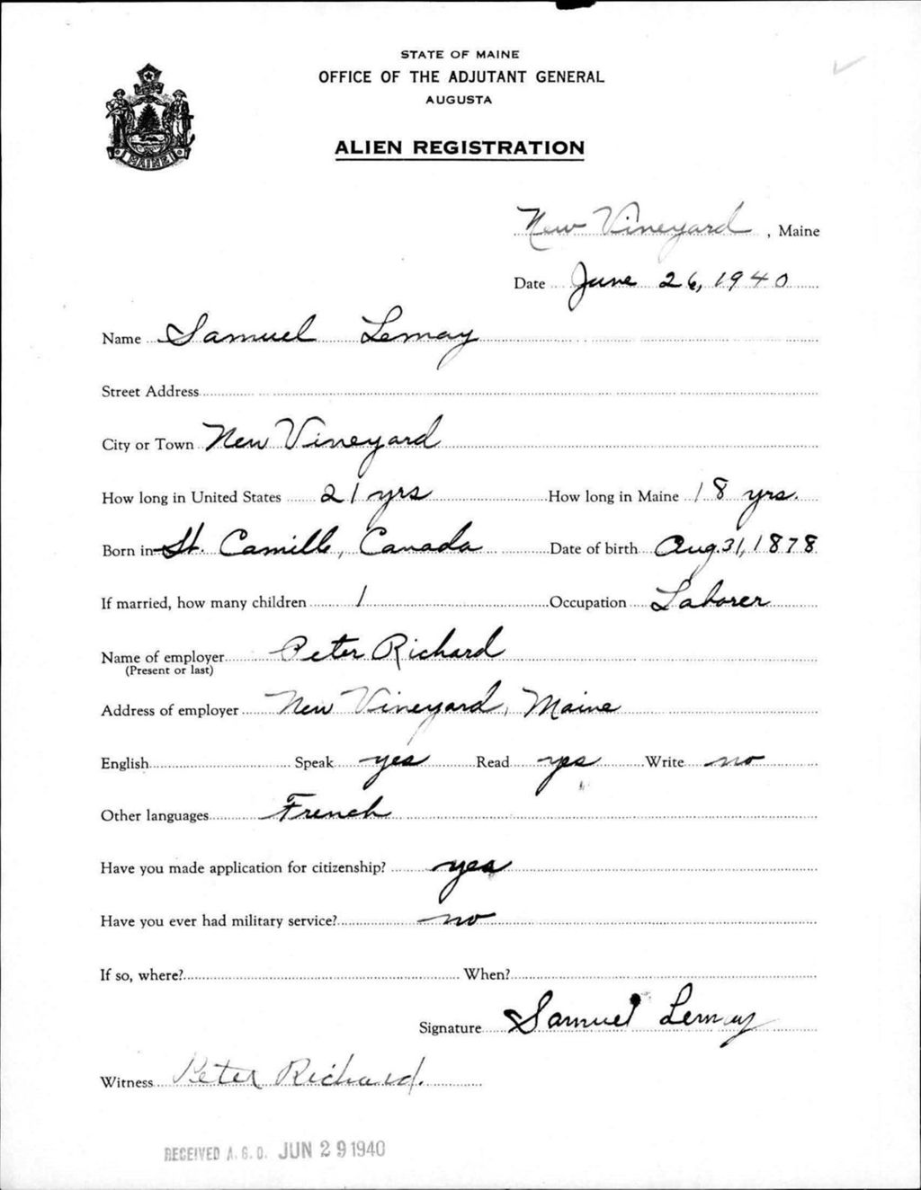 Miniature of Alien Registration- Lemay, Samuel (New Vineyard, Franklin County)