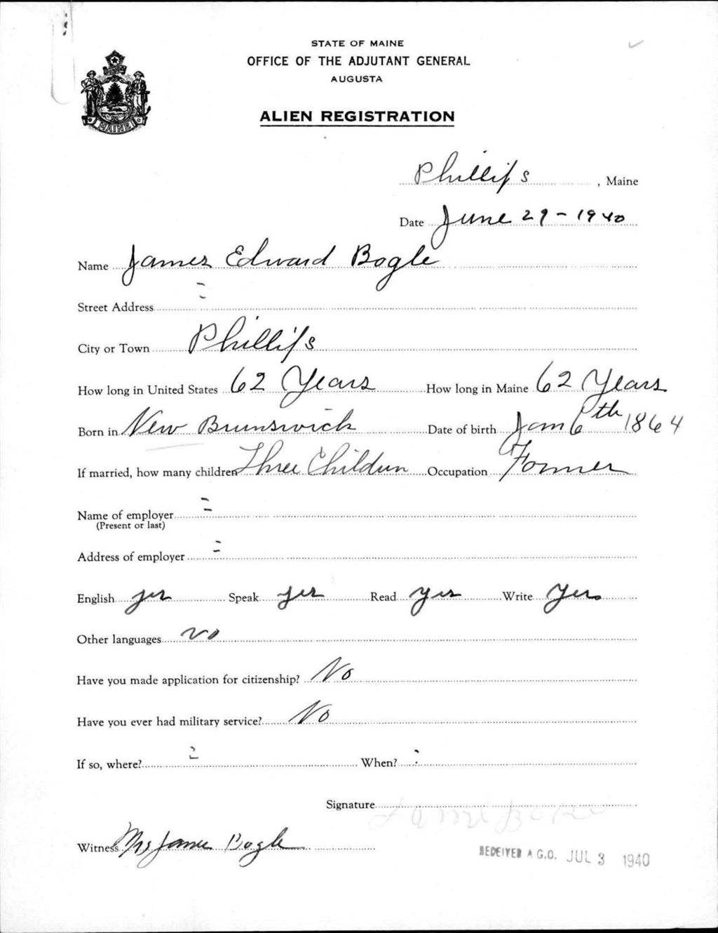 Miniature of Alien Registration- Bogle, James E. (Phillips, Franklin County)