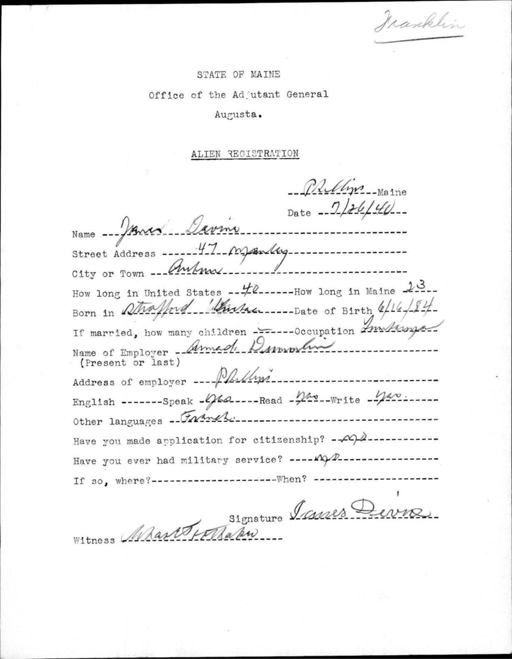 Miniature of Alien Registration- Devine, James (Phillips, Franklin County)