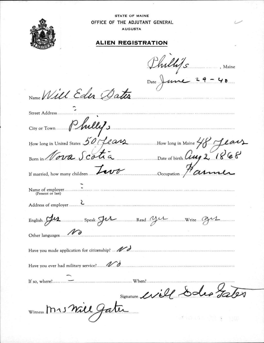 Miniature of Alien Registration- Gates, Will E. (Phillips, Franklin County)