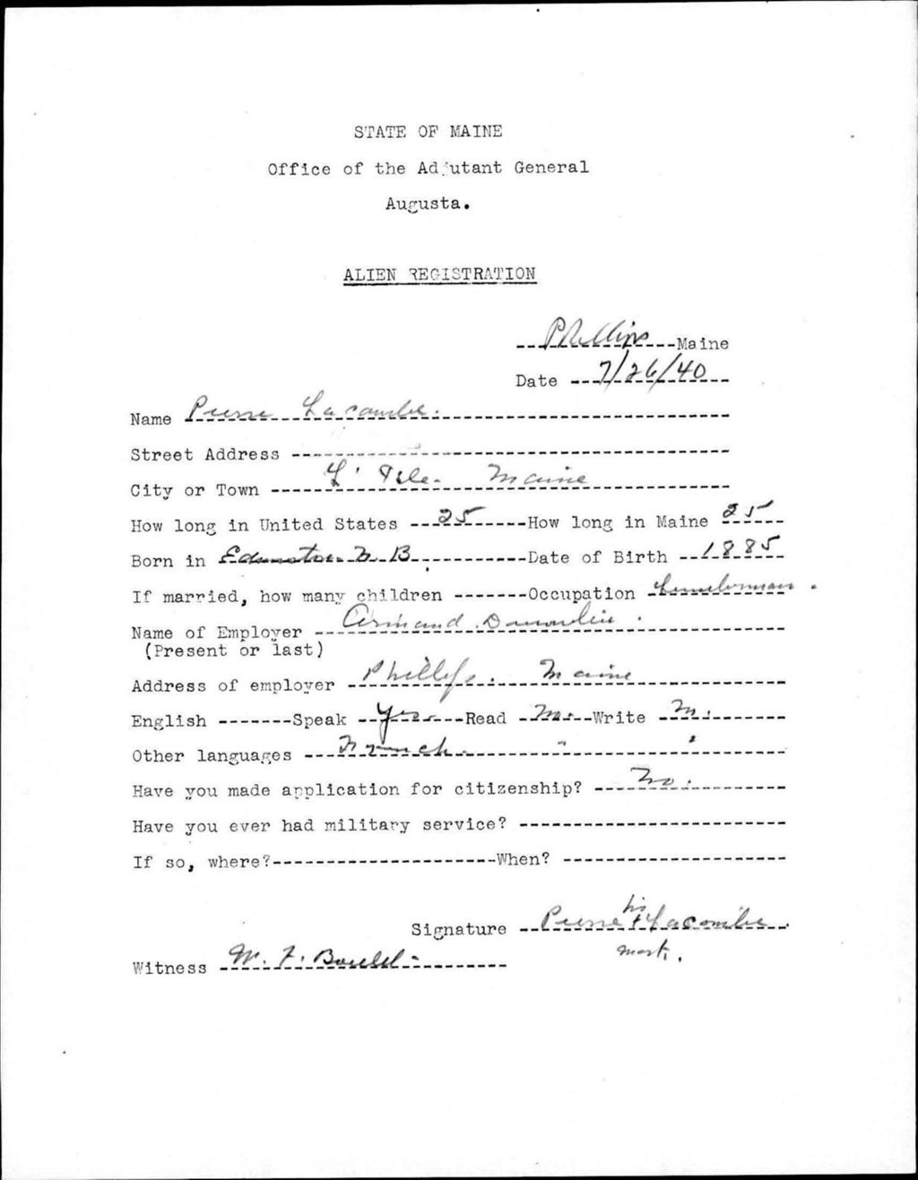 Miniature of Alien Registration- Lacombe, Pierre (Phillips, Franklin County)