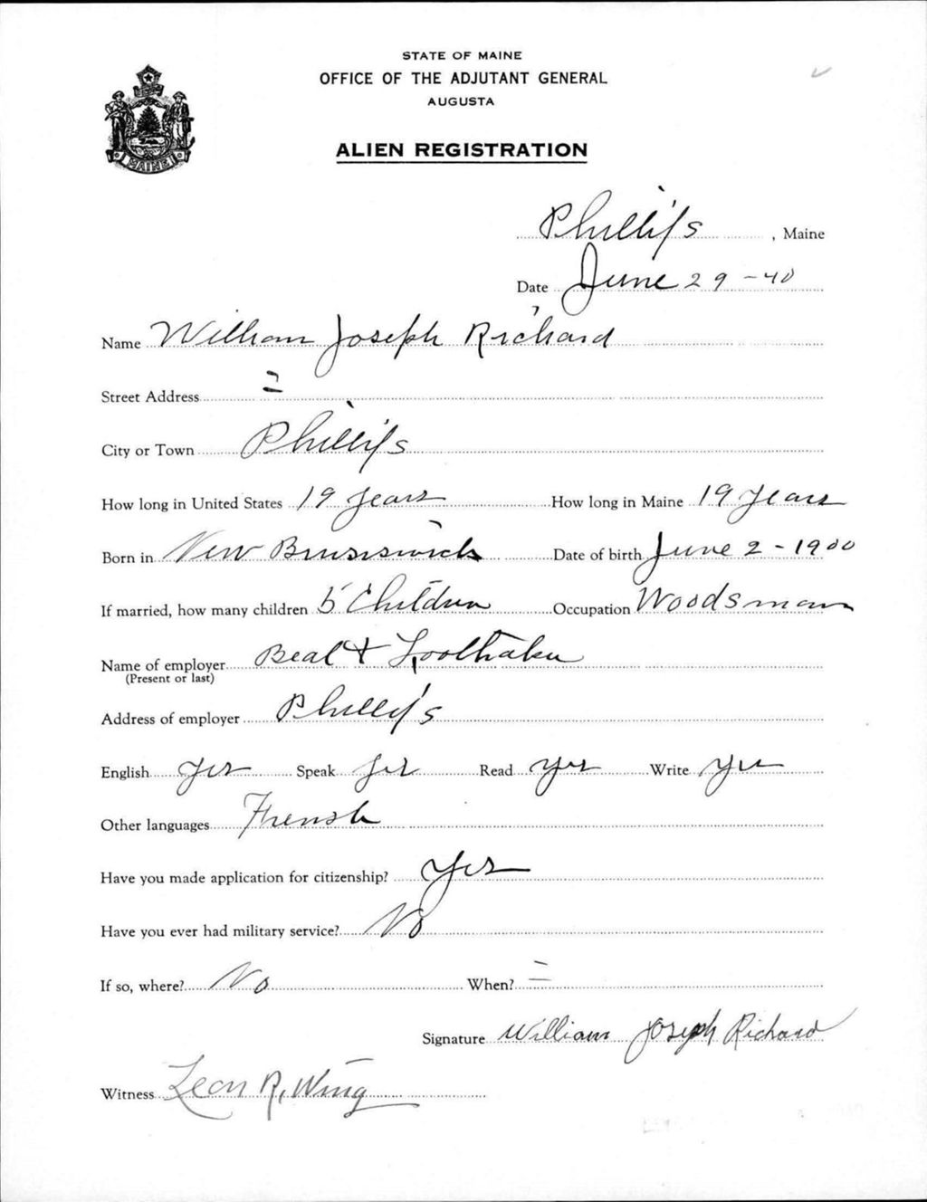 Miniature of Alien Registration- Richard, William J. (Phillips, Franklin County)