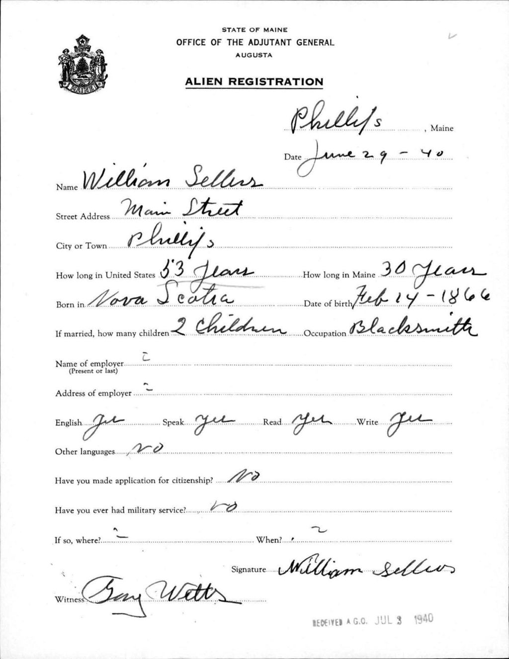 Miniature of Alien Registration- Sellers, William (Phillips, Franklin County)