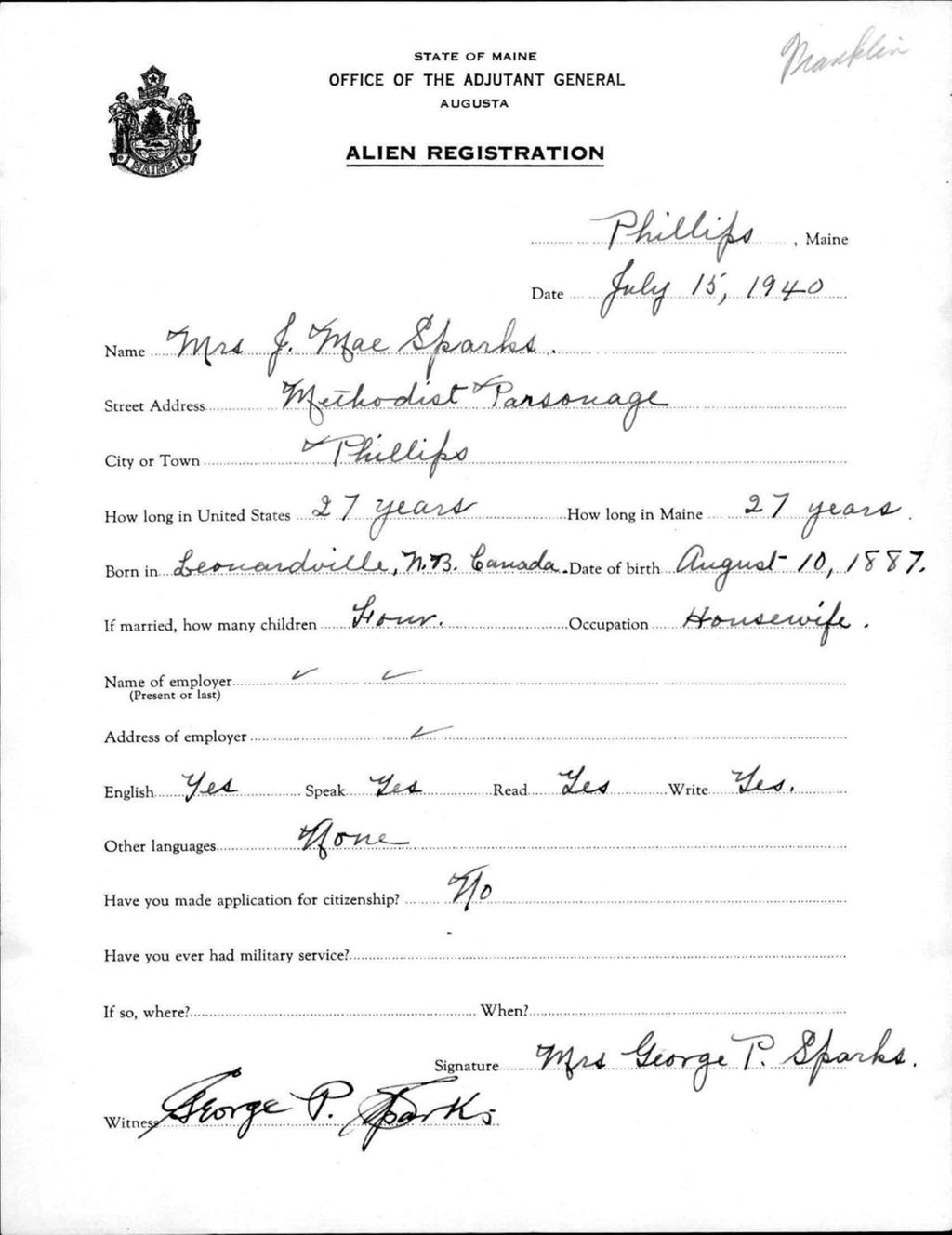 Miniature of Alien Registration- Sparks, J Mae (Phillips, Franklin County)