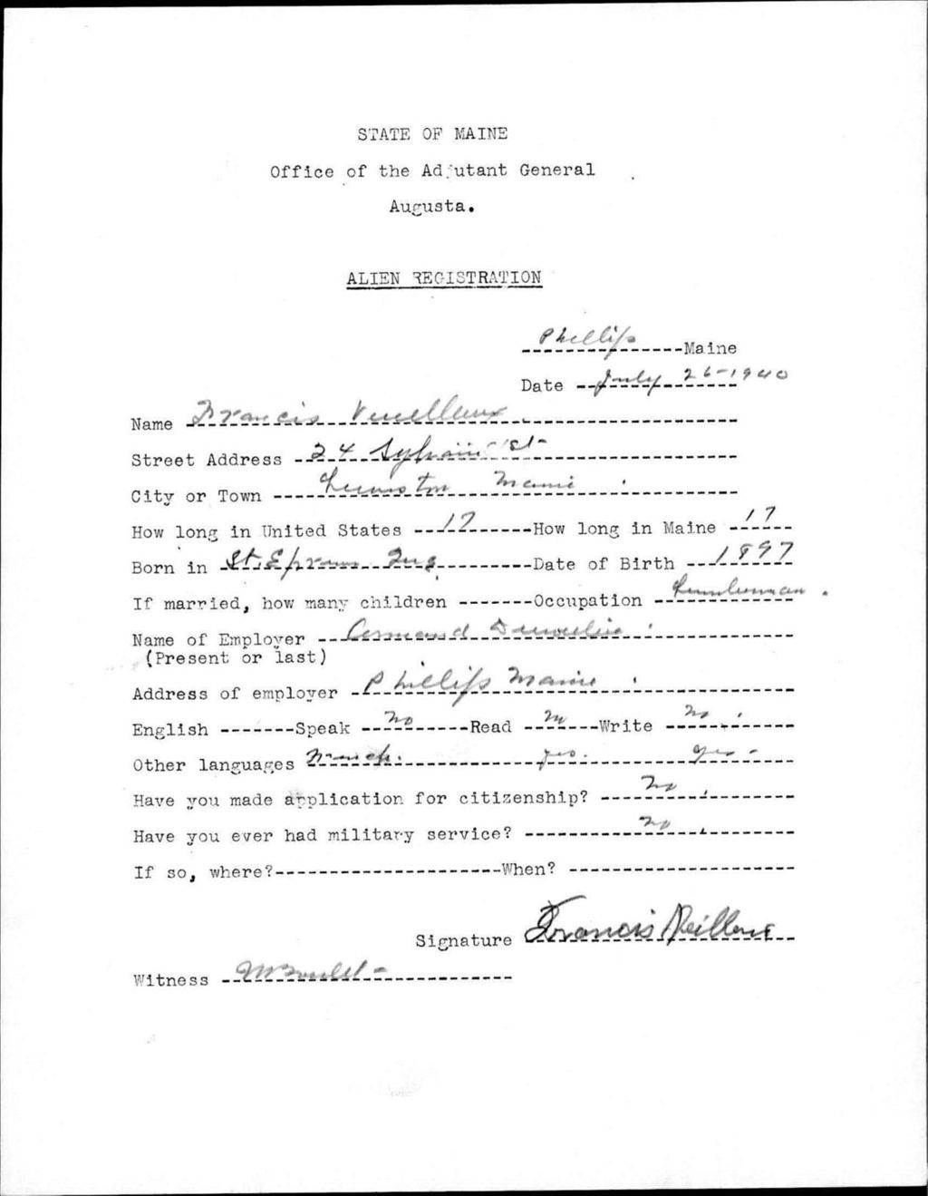 Miniature of Alien Registration- Veilliueux, Francis (Phillips, Franklin County)