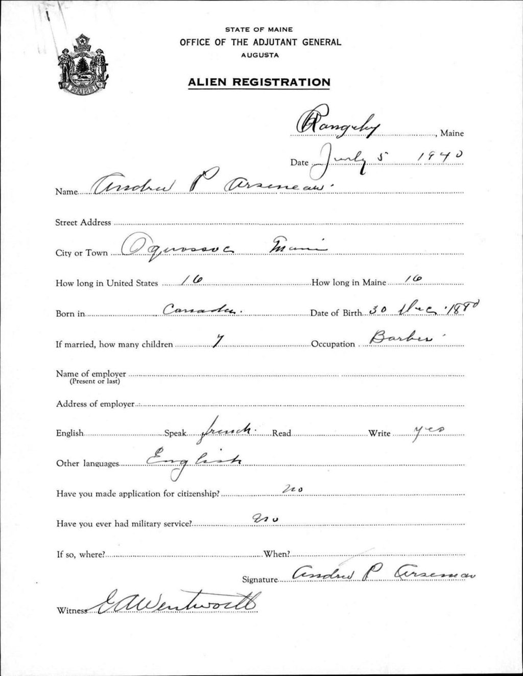 Miniature of Alien Registration- Arseneau, Andrew P. (Rangeley, Franklin County)