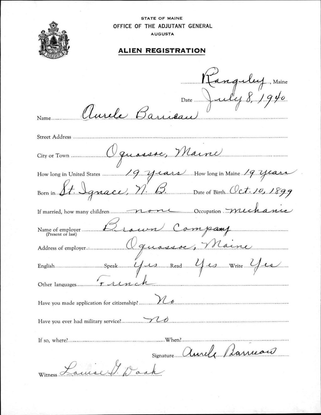 Miniature of Alien Registration- Barrieau, Aurele (Rangeley, Franklin County)