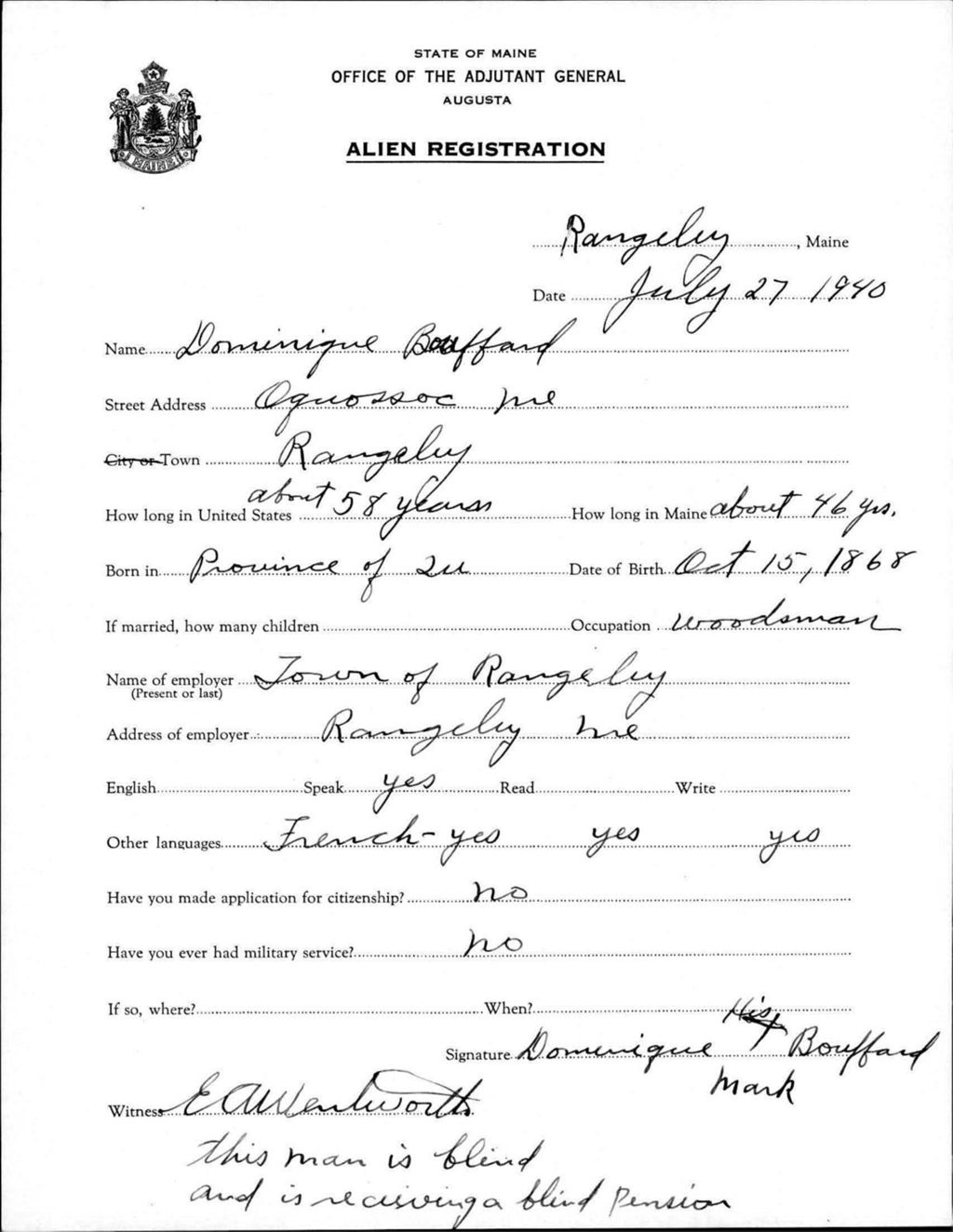 Miniature of Alien Registration- Bouffard, Dominique (Rangeley, Franklin County)