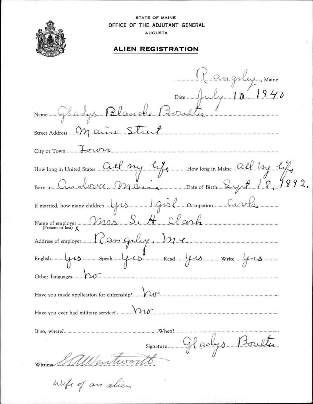 Miniature of Alien Registration- Boulter, Gladys B. (Rangeley, Franklin County)