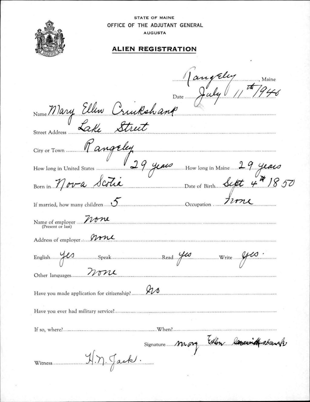 Miniature of Alien Registration- Criukshank, Mary E. (Rangeley, Franklin County)