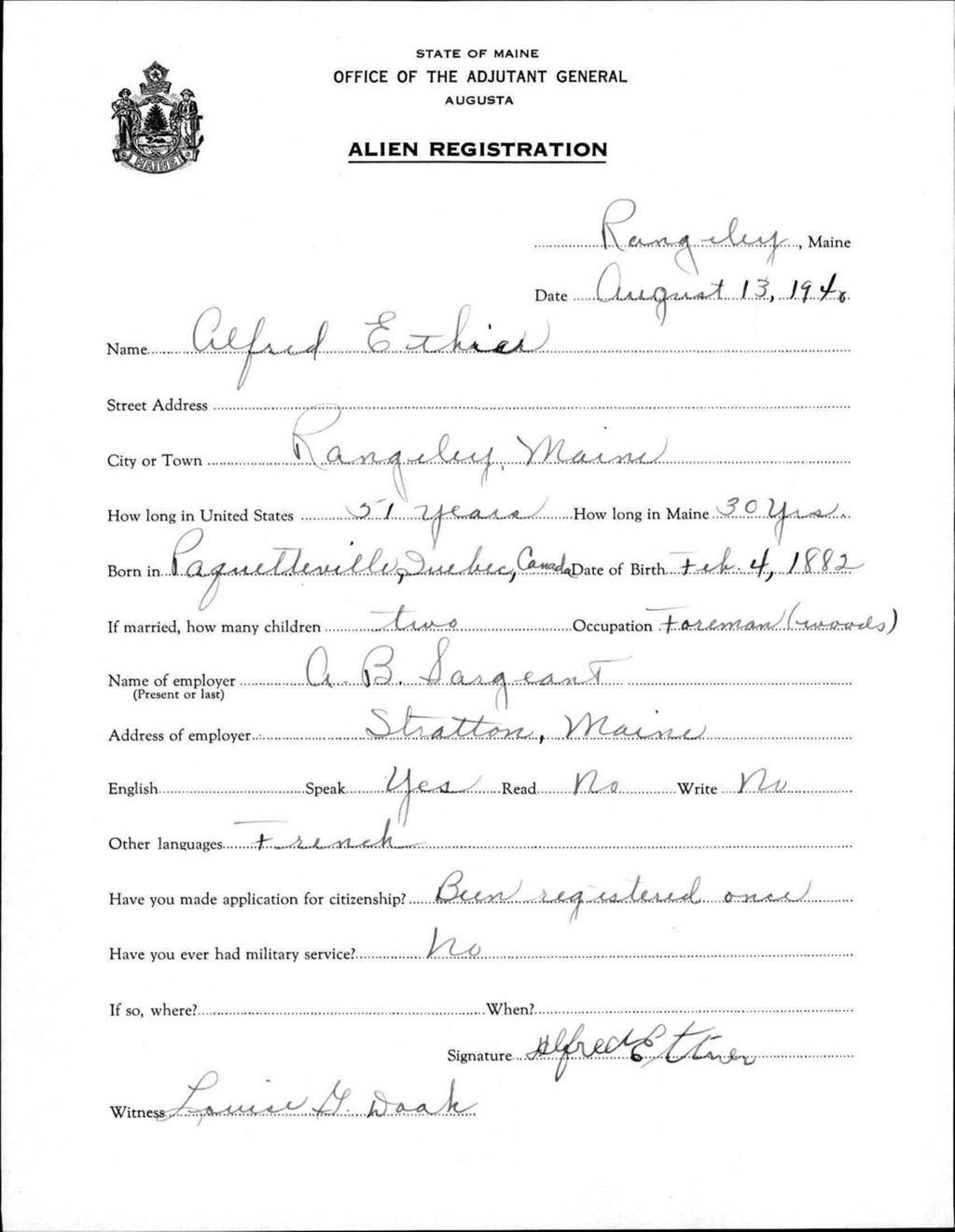 Miniature of Alien Registration- Ethier, Alfred (Rangeley, Franklin County)