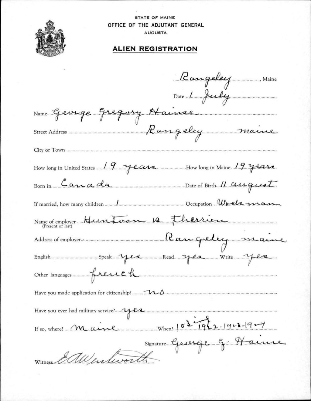 Miniature of Alien Registration- Hainse, George G. (Rangeley, Franklin County)