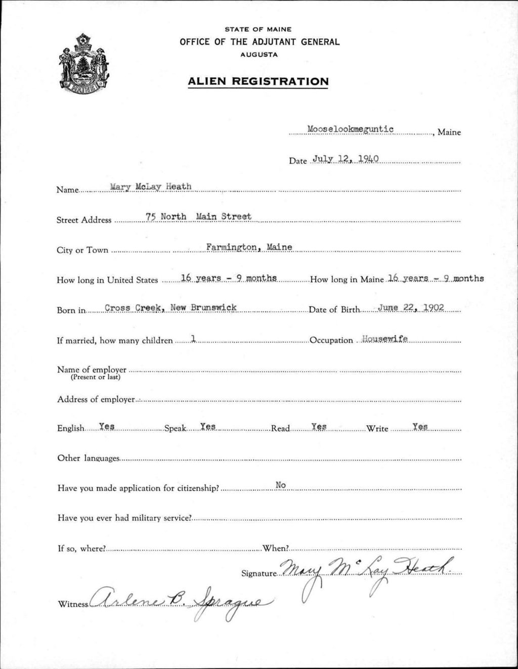 Miniature of Alien Registration- Mclay, Mary (Rangeley, Franklin County)