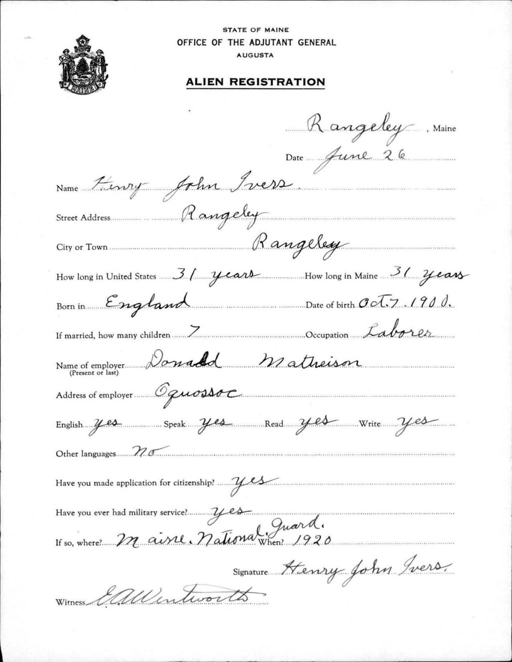 Miniature of Alien Registration- Ivers, Henry J. (Rangeley, Franklin County)